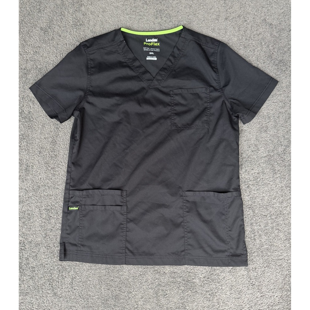Landau ProFlex Black V-Neck Scrub Top Modern Fit Small 4253 Stretch Pocket